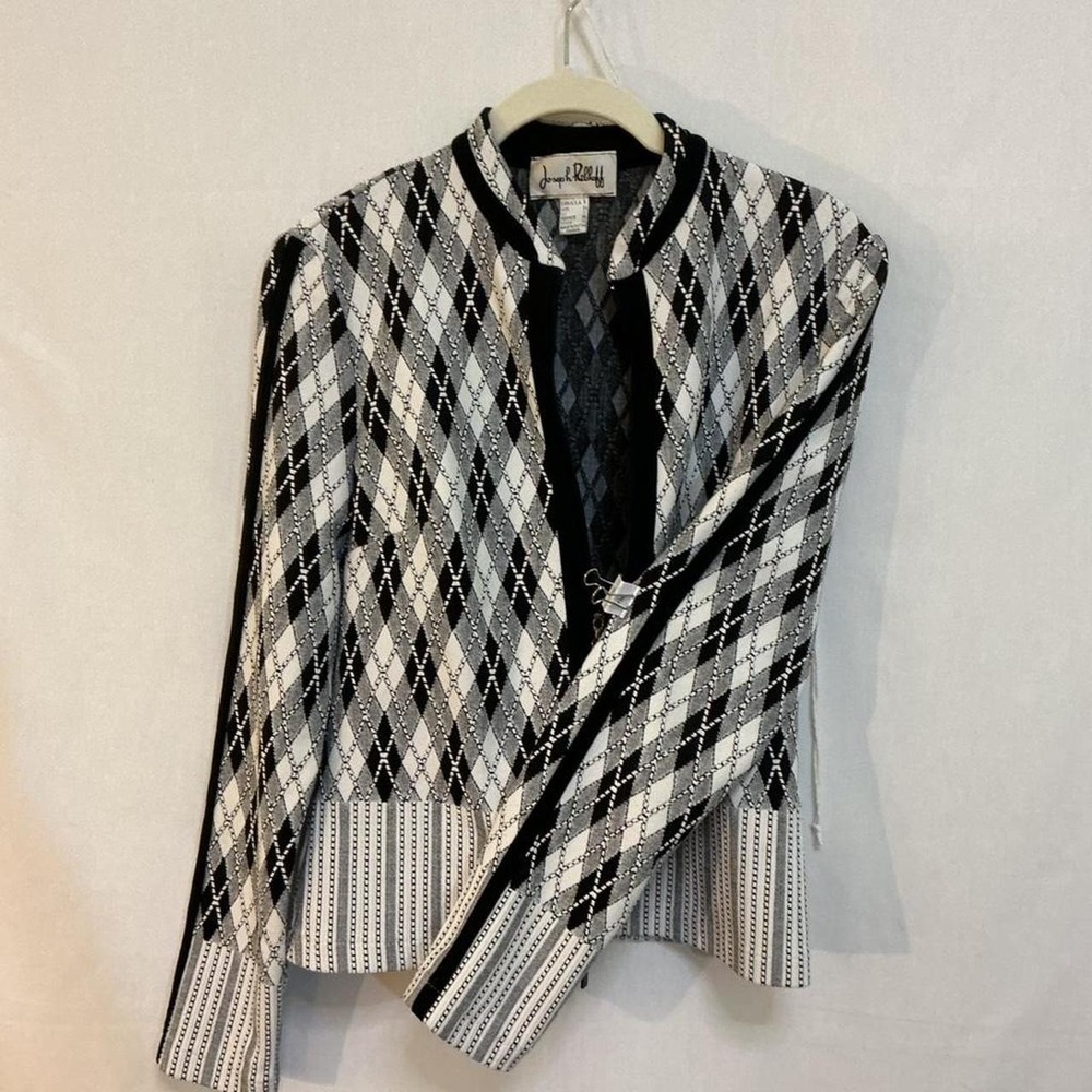 VTG Joseph Ribkoff Black & White Argyle Knit Blazer Jacket Size 6